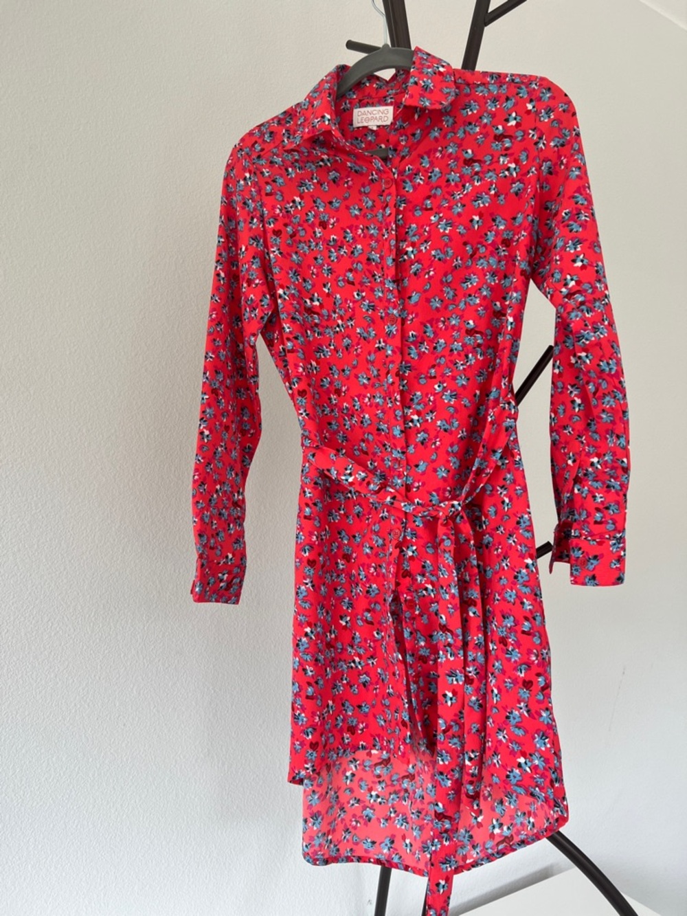 Red Floral Long-Sleeve Shirt Dress with Tie Waist